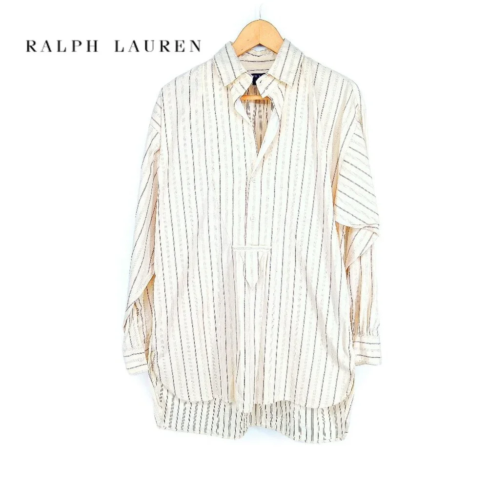 RALPH LAUREN Blue Label Vintage Peasant Poet Bib Blouse Cream Purple Stripe 10 - Picture 9 of 13